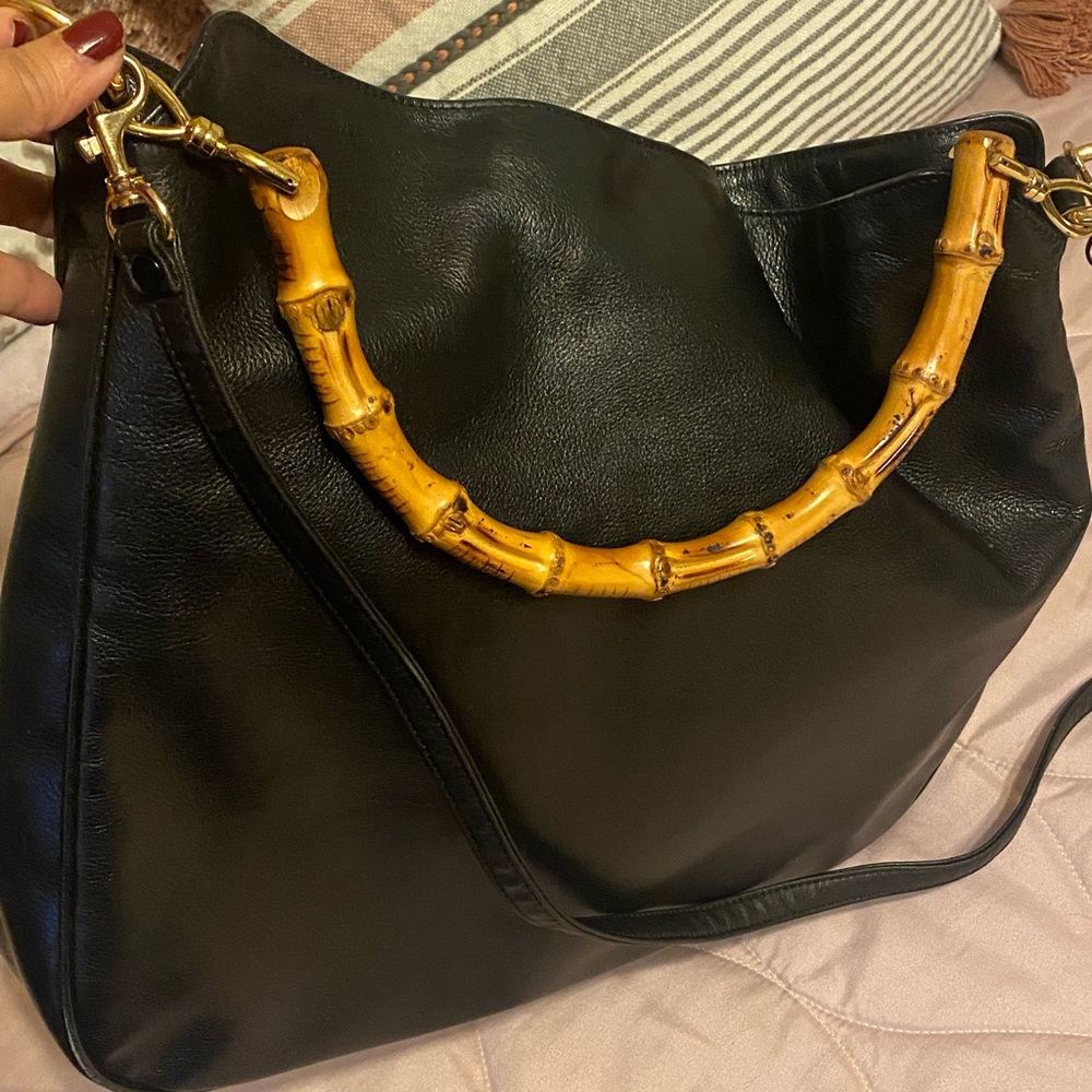 GUCCI Bamboo Black Leather Convertible
Two Way Crossbody Shoulder Bag